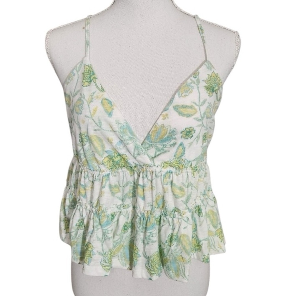 So White and Green Sleeveless V-Neck Camisole with Ruched Detail XXL